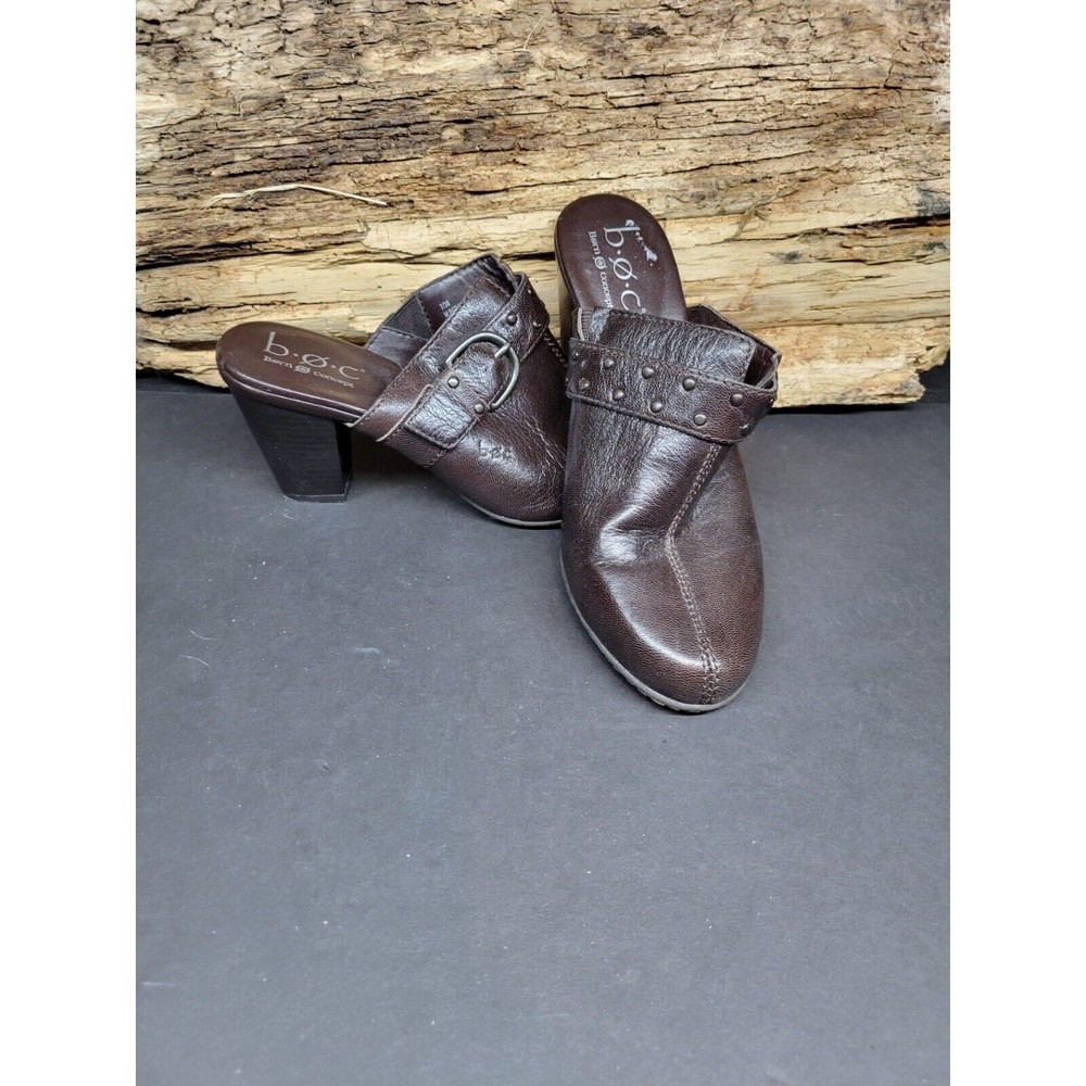 BORN BOC CONCEPT Women's SZ 7 Mule Clog Heel Shoes Leather Buckle Brown